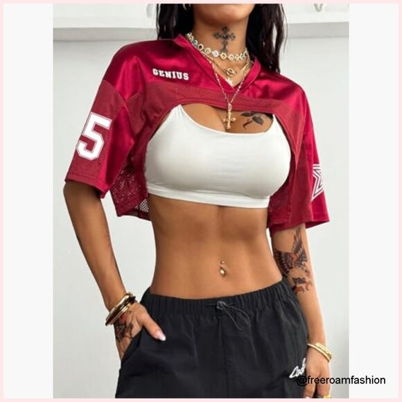 Mesh Football Jersey Shrug Crop Top Short Sleeve Y2K Streetwear Shirt - Picture 2 of 6